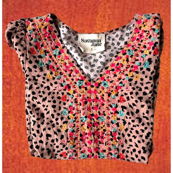Savanna Jane Leopard Print Blouse Sz S Embroidered Artsy Flowy Sleeves Boho Fest - Picture 3 of 12